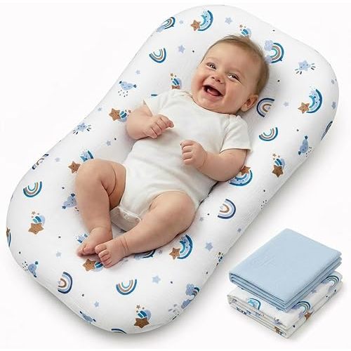 Infant Support Mat, 2 Pack Muslin Cotton Slips, Supportive Tummy Time Mat for Supervised Awake Use, Lightweight Nursery Essential (0-24 Months), Blue & Rainbow