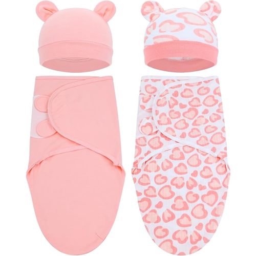 Cinaci 2 Pack Adjustable Soft Cotton Blend Newborn Baby Receiving Swaddle Blankets Sleep Sacks with Nursery Hats Caps Beanies Bonnets for Baby Girls Boys Newborns Infants
