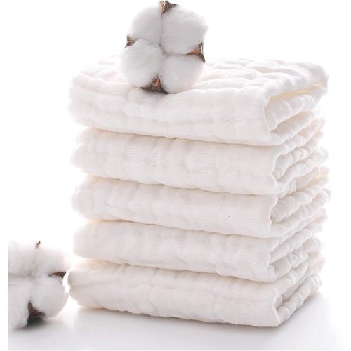 Baby Muslin Washcloths, Natural Cotton, Soft Newborn Face Towel, 5 Pack, 12 x 12 inches (White)