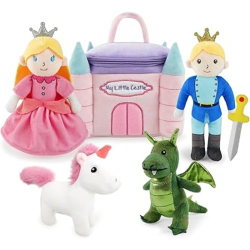 Stuffed Plush Castle Princess Kit for Baby Toddler, 6-Piece My Little Ca STLE Playset, Sensory Pretend Play Toy with Castle Bag/Princess/Prince, Boy Girl Infant Newborn Gifts