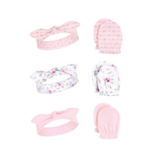 Baby Girls Soft Cotton Head Wrap & Scratch Mittens