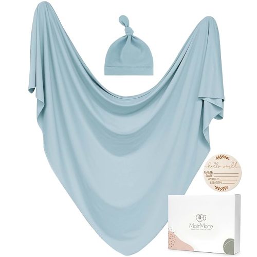Baby Swaddle Receiving Blankets with Matching Beanie Set Newborn Nursery Swaddle Wrap for Baby Girls and Boys (Blue)