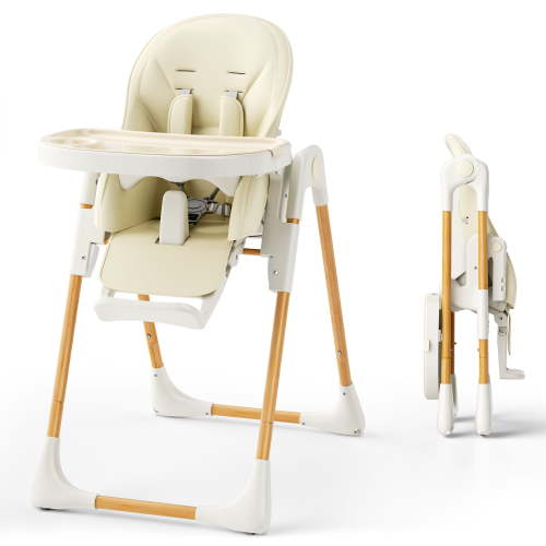AILEEKISS Foldable High Chair for Baby, Toddler Eating Chair with Detachable Double Trays, Natural Beige