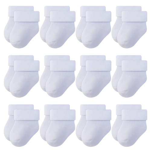 RATIVE Newborn Socks Thick Terry Turn Cuff Socks for Unisex Baby Boy and Girl (0-6 months, 12-pairs/white)