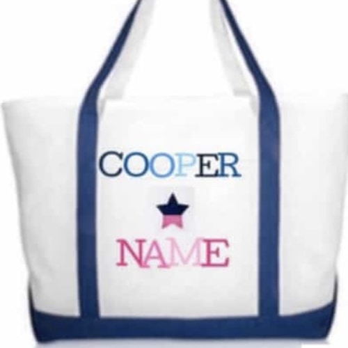 Canvas Tote White/Navy - Blue Ombré (Cooper) and Pink Ombré (Baby Name) with Star