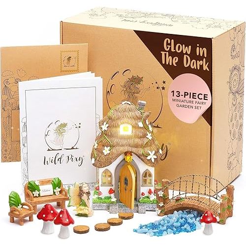 WILD PIXY Fairy Garden Kit - 13 Piece Glow in The Dark Fairy Garden Accessories, 7.1"" Outdoor Fairy House with Opening Door and Solar LED Light, Garden Door for Trees, Stones, Indoor/Outdoor Décor