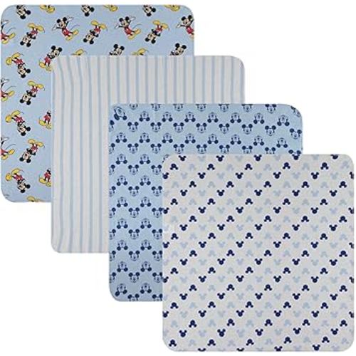 Disney Baby 4-Pack Receiving Blankets — 100% Cotton Flannel, 28" x 28" — Available in Mickey, Minnie, Pooh, Stitch or Angel — Soft Swaddle, Burp & Stroller Blankets — Gift-Ready with Ribbon Bow
