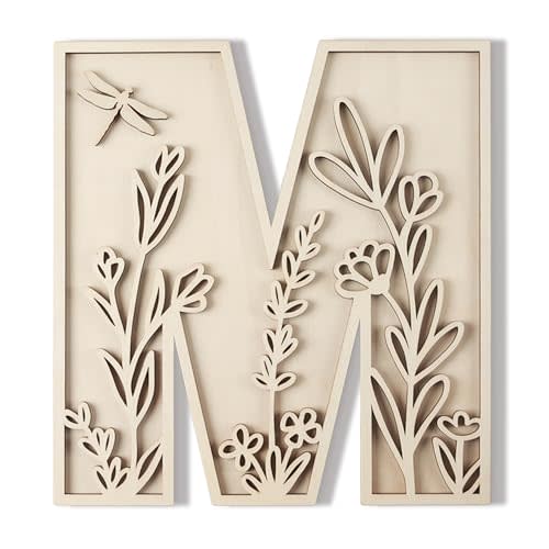 Layered 12 Inch Large Wooden Letters for Wall Decor, Flowered Paintable Wooden Nursery Letters for Crafts Wood Alphabet Letter M for Birthday Boho Nursery Name Sign Wedding Home Decoration