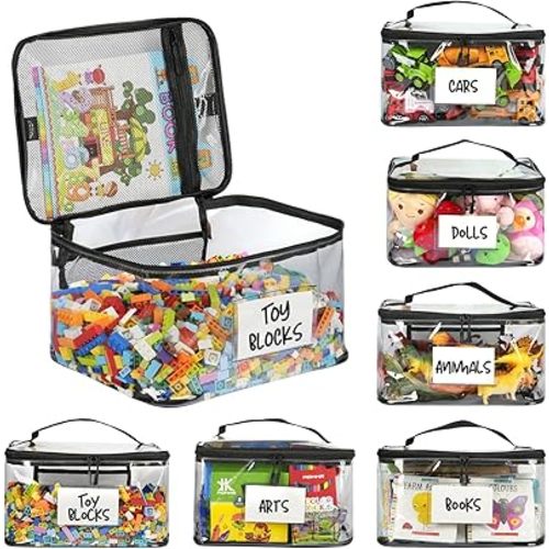 6-Pack Extra Large Toy Storage Bags with Zippers & Labels, Reusable Clear TPU Waterproof Organizer for Kids Toys, Building Blocks, Puzzles, Dolls, Board Games - Durable, BPA-Free, Travel-Friendly