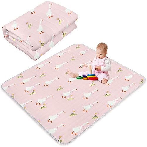 Funtery 43 x 43 Inch Baby Playmat Portable Crawling Washable Foldable Tummy Time Non Slip Baby Floor Large Playpen Mat for Infants Toddlers Floor Playpen Activity (Goose)