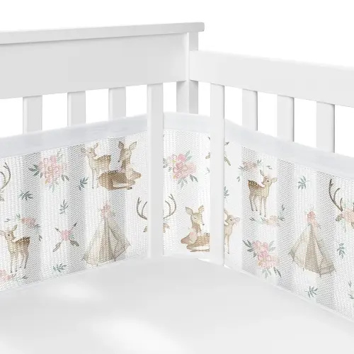 Sweet Jojo Designs + BreathableBaby Woodland Deer Floral Girl Breathable Mesh Crib Liner Baby and Infant Blush Pink Mint Green and White Boho Bohemian Watercolor Forest Animal Shabby Chic