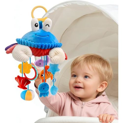 Car Seat Toys for Babies 0-6 Months, Hanging Sensory Crab Plush Toy for Stroller, Crib & Play Gym, Clip-On Montessori Infant Activity Toy with Mirror, Rattle & Teether, Newborn Baby Gifts 0-12 Months