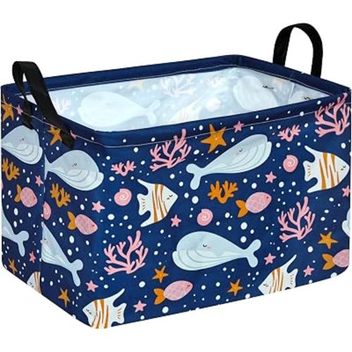 Rectangle Gift Storage Basket Home Shelf Storage Basket Organizer Box Clothes Laundry Hamper Nursery Basket Laundry Basket with Handles (Whale)