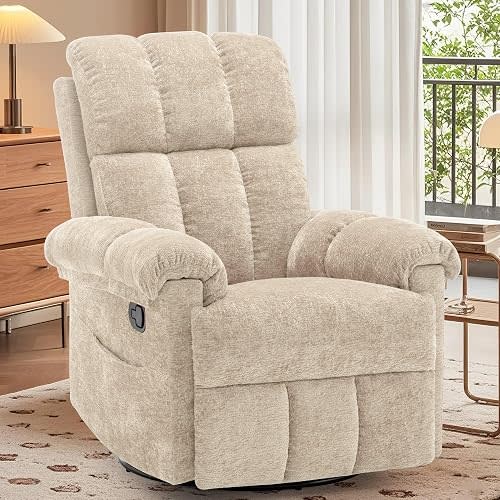 Korser Recliner Chair, Swivel Rocker Recliner Chair for Adults, Small Recliners for Small Spaces, Comfy Manual Recliner, Upholstered Nursery Rocking Chair for Living Room, Chenille, Khaki