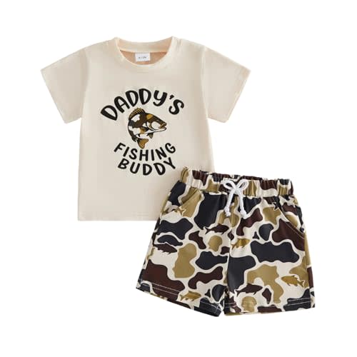 Toddler Baby Boy Summer Outfit Short Sleeve Fishing Buddy T-shirt Tops Fish Print Jogger Shorts 2Pcs Clothes Set