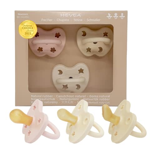 HEVEA Trial Trio-Pack Baby Pacifiers in Natural Rubber - Pacifier Sampler Pack with Three Teat Mix for Newborns 0+ Months, The Baby Girl Mix