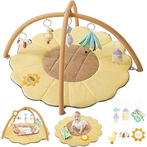Baby Gym Play Mat, Sunflower Shaped Tummy Time Mat with 6 Detachable Toys, Thick & Plush Play Mat for Babies 0-6 Months, Essential Gift for Newborns and Toddlers