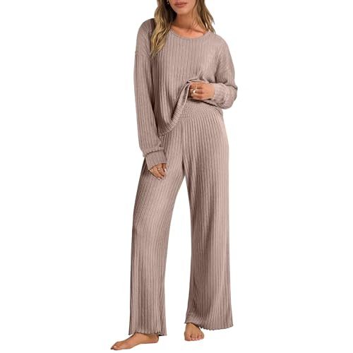 ANRABESS Women 2 Piece Lounge Pajamas Sets Casual Ribbed Knit Long Sleeve Top Pants Matching Set 2026 Fall Outfits Clothes