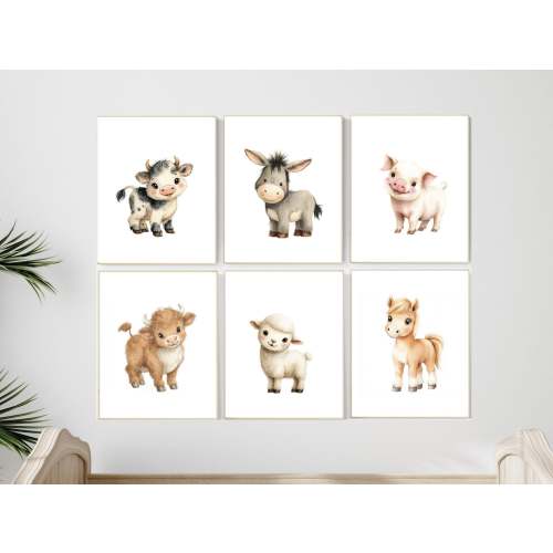 Farm Animal Nursery Prints Set of 6, Baby Farm Animals Wall Art