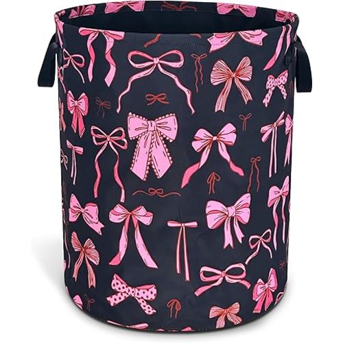 Bow Laundry Basket Oxford Cloth Cute Bowknot Ribbon Laundry Hamper With Handle Foldable Portable Clothes Storage Basket 18.9 X 16.5 In Storage Bag For Laundry Room/Bathroom/Bedroom/Dormitories