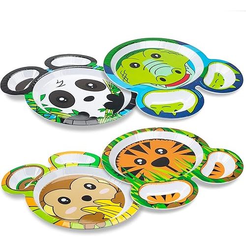 Bentology Zoo Friends Mealtime Melamine Feeding Plates- Set of 4 Different Cute Zoo Animal Pal Dishes for Kids- Panda, Alligator, Tiger & Monkey- Divided Compartments, BPA Free- XMAS Gift for Toddlers