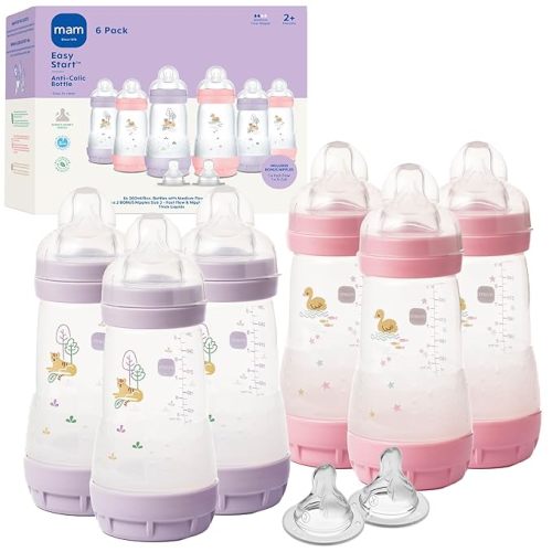 MAM 9oz Easy Start Anti-Colic Baby Bottles, Medium Flow with 2X Bonus Nipples (Fast and Extra Fast Flow), Reduces Colic, Gas, & Reflux, Easy-to-Clean, BPA-Free, 2 Plus Months
