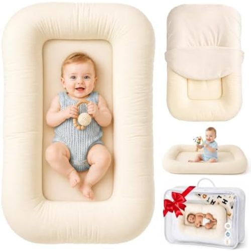 Infant Support Cushion & Baby Support Cushion for Newborn 0-24 Months, Breathable Cotton Pad, Supervised Use, Portable Infant Essentials for Travel and Home, Light Beige (Cover Included