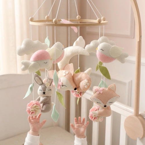 Boho Crib Mobile with Woodland Felt Animals: Pastel Pink Deer, Fox & Bunny, Girls Nursery Decor, Baby Shower Gift, Newborn Toys