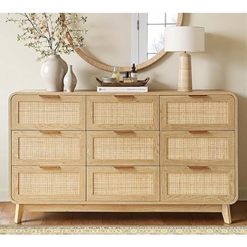 FORTUNETEC Rattan Dresser with Storage, Modern Farmhouse 9 Drawer Dresser, 55" Wide Wooden Chest of Drawers with Wood Gain Texture, Boho Dresser TV Stand for Bedroom Living Room Entryway, Oak