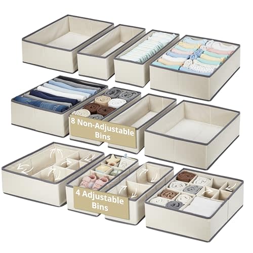DECOMOMO Drawer Organizer for Baby – 12 Pack Clothes Organizer & Storage Dividers for Nursery, Storage Bins for Underwear, Bra, Socks, Diapers & Newborn Essentials (Beige)