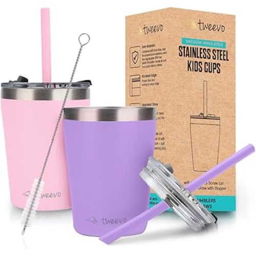 Sippy Cups For Toddlers 1-3 - Toddler Tumbler w/Screw Lids - Stainless Steel Kids Cups With Straws and Lids - 2 Pack (Pink & Purple, 8.5oz)