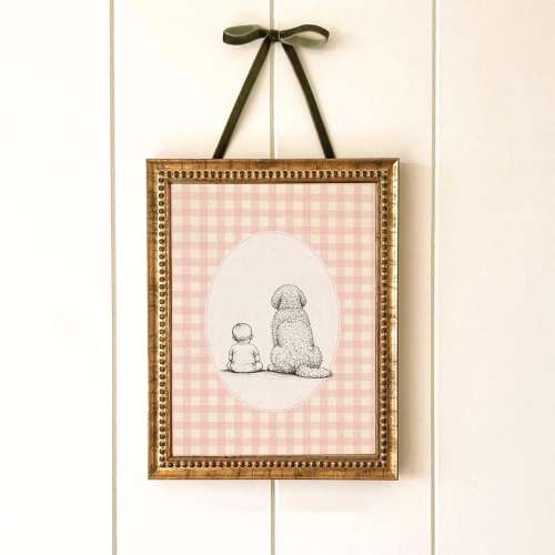 Baby and Dog Nursery Art, Pink Gingham Golden Doodle Poster