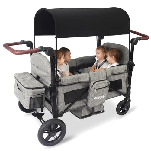 4 Seater Wagon Stroller, All-Terrain Aluminum Stroller Wagon for 4 Kids | Extra Long Extender, Foldable Baby Wagon with Large Storage Bag, Removable Canopy, Snack Tray, Adjustable Handle