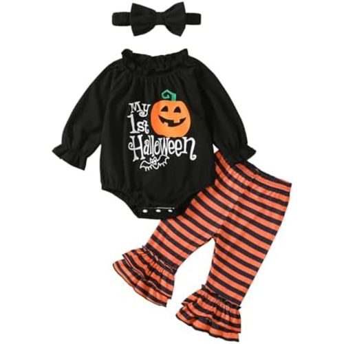 Newborn Baby Girl My First Christmas Outfits Letter Tree Print Pleated Ruffle Romper Flared Pants+Bow Headband