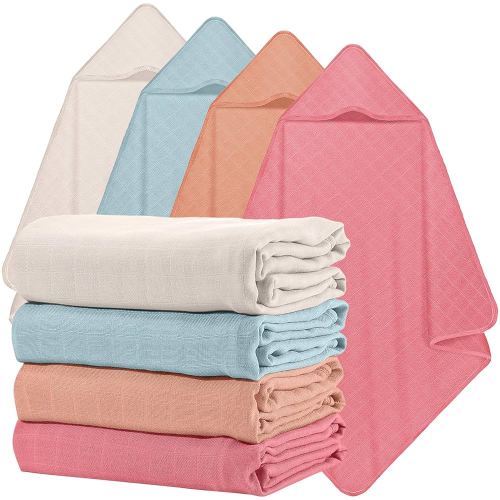 Preboun 4 Pcs Muslin Hooded Baby Towels,32"x 32" Cotton Newborn Bath Towel Muslin Infant Baby Blankets Absorbent Unisex Newborn Registry Gift for Girls Boys(Light Pink Series)