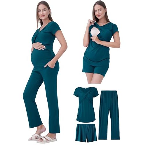 QUNISY Maternity Nursing Pajamas Set 3PCS, Breastfeeding Tops, Adjustable Shorts & Pants, Postpartum Hospital Bag Essentials