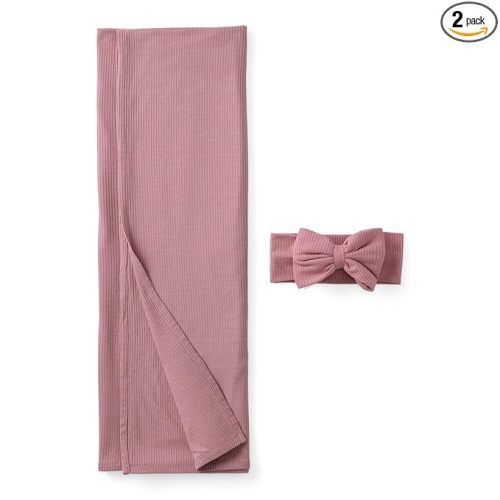 Little Sleepies Swaddle & Bow Set, Viscose from Bamboo Baby Swaddle Blanket, Newborn Baby Girl Clothes, Newborn Essentials (Rosewood Ribbed)