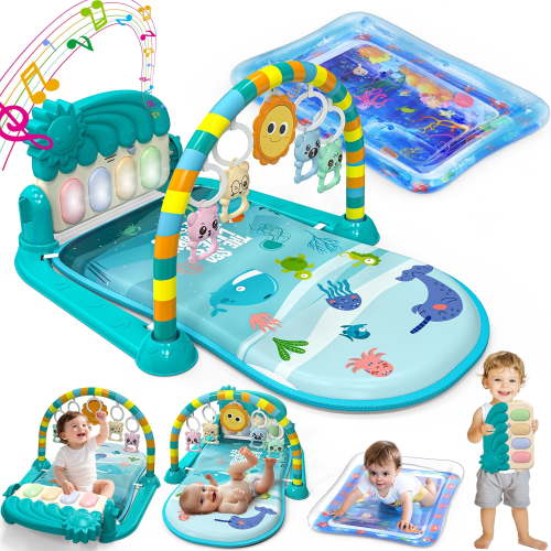 WonderStone Baby Gym Playmat for Infant,Tummy Time Water Mat with 4Infant Sensory Baby Toys for 0-36 Months Boys Girls，Cyan