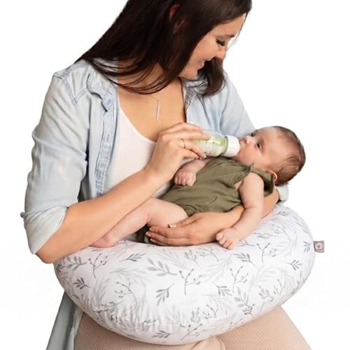 Boppy Nursing Pillow - Firm, Ergonomic U-Shaped Bottle and Breastfeeding Pillow with High Lift for Comfort and Support, Spacious Surface - Gray Gentle Leaves