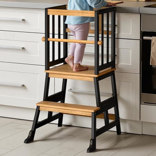 COSYLAND Kids Kitchen Step Stool, Toddler Standing Tower with CPC Certification, Removable Anti-Drop Railing Safety Rail Unique Patented Design A Anti-tip Stable Structure 1.5-3 Years Natural & Black