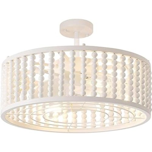 Ceiling Fans with Lights and Remote - Bulbs Included, Caged Fandelier with Handcrafted Beaded Décor 19 inches Reversible Flat and Angled Ceiling Installation, White