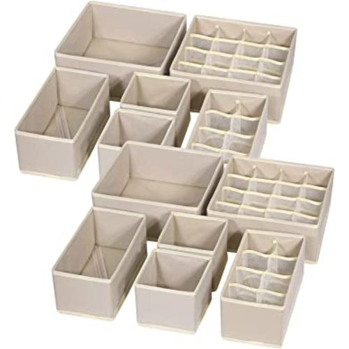 TENABORT 12 Pack Foldable Drawer Organizer Dividers Cloth Storage Box Closet Dresser Organizer Cube Fabric Containers Basket Bins for Underwear Bras Socks Panties Lingeries Nursery Baby Clothes Beige