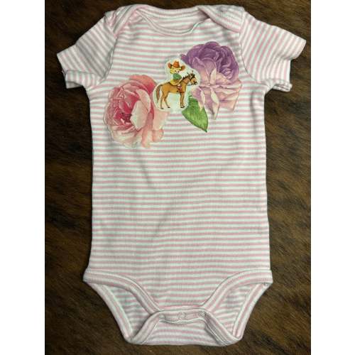 Vintage Cowkid & Roses on Pink Striped Onesie, Size 0-3 mons.