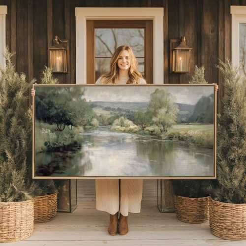 Large Framed River Landscape Canvas Print: Rustic Farmhouse Wall Art