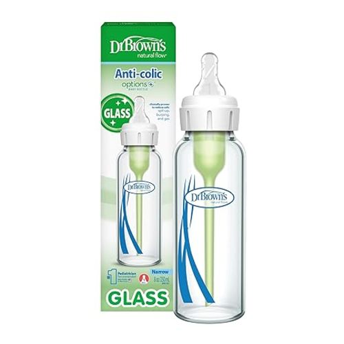 Dr. Brown's Anti-Colic Options+ Narrow Glass Baby Bottle with Level 1 Slow Flow Nipple, BPA-Free, 8 oz/250 mL, 0m+, 4-Pack (Packaging May Vary)
