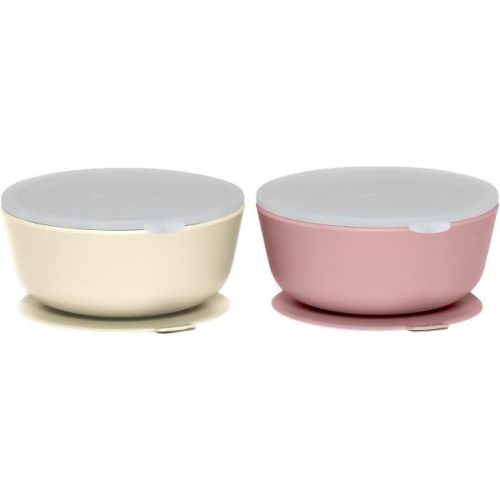 Weesprout Suction Bowls for Baby & Toddlers, 100% Silicone with Plastic Lid, 12 oz - Muted Pink + Muted Off White, Set of 2