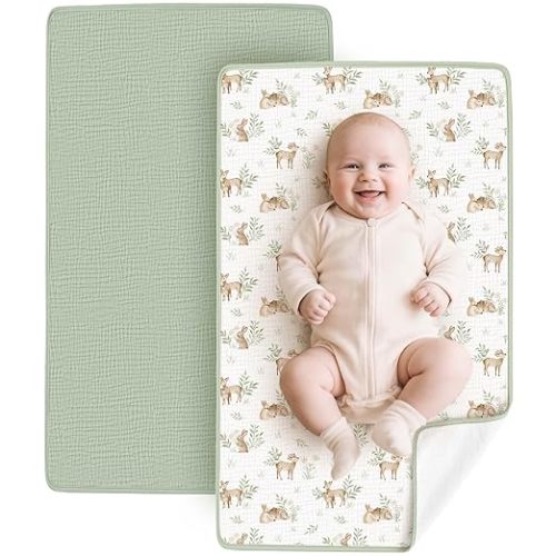 Konssy 2 Pack Waterproof Muslin Cotton Portable Changing Pad 30"x 17", Soft & Foldable Baby Changing Mat Travel Pad with Terry Backing, Shower Gift for Newborn Girls Boys (Woodland,Sage)