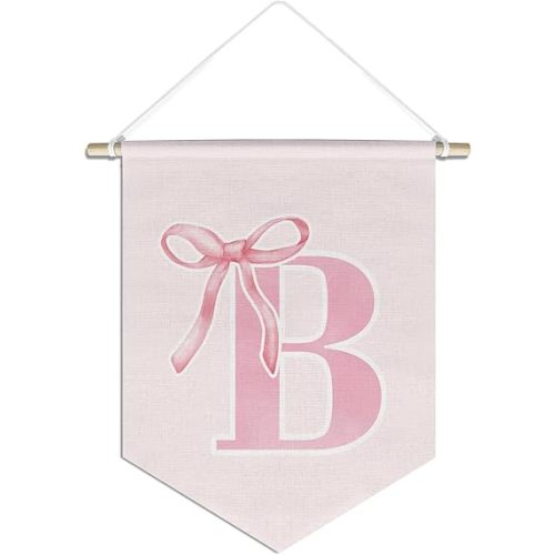 initial Personalized Preppy Canvas Hanging Pennant Flag Banner, Coquette Pink Bow Teen Girl Gifts,Trendy Cute Monogrammed Gifts Wall Decor for Women Teen Girl Nursery bedroom(B)