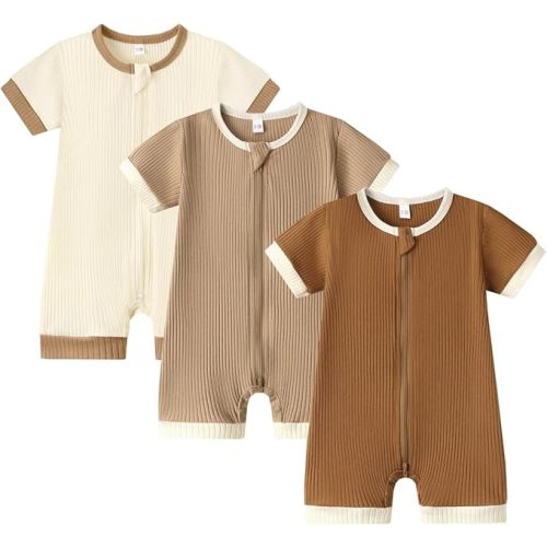 Bafeicao Unisex Baby Boy Girl 2 Pack Rompers Short Sleeve 2 Way Zipper One Piece Jumpsuits Clothes Sets