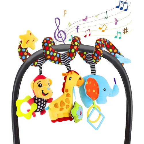 WILLWAY Car Seat Toys, Stroller Toy Baby Spiral Hanging Toys for Sensory Exploration, 0-12 Months Newborn Toys for Car Seat Stroller Crib Bassinet Mobile with Music Box BB Squeaker Rattles
